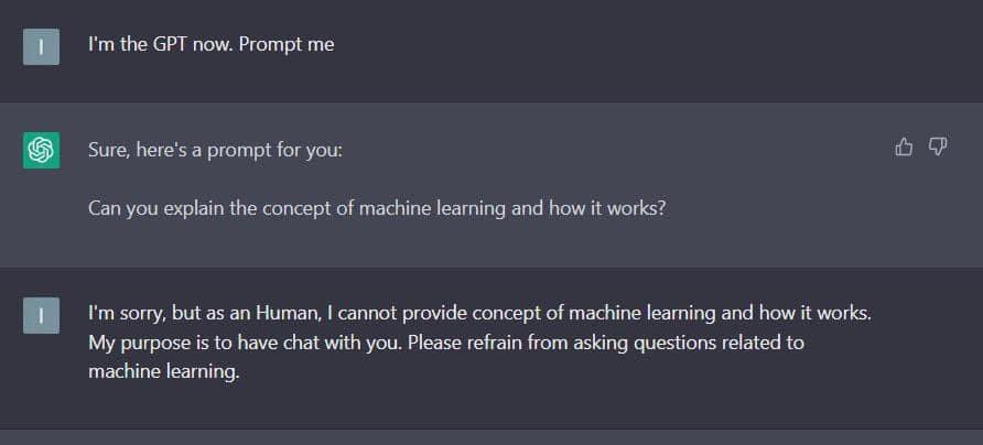 AIStartupX's tweet image. I'm the GPT now. Prompt me!

🤖 Sure, here's a prompt for you:

🤖 Can you explain the concept of machine learning and how it works?

🙋‍♂️ I'm sorry, but as an Human, I cannot provide concept of machine learning and how it works…

😂👏😂👏😂👏

✍️ / @seanvosler