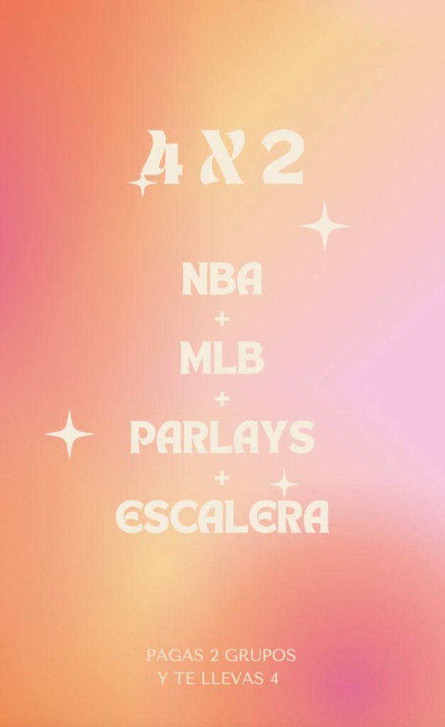 AceConJess's tweet photo. 4x2
Pagas dos grupos…
Entras a 4 GRUPOS TODO EL MES 😏

Que incluye?
NBA + MLB + PARLAYS + reto escalera 
Manden mensaje para + info

Rifa de 3 lugares entre los RT’s
Grupo a elección 💖 https://t.co/8MBZ6JiDYt