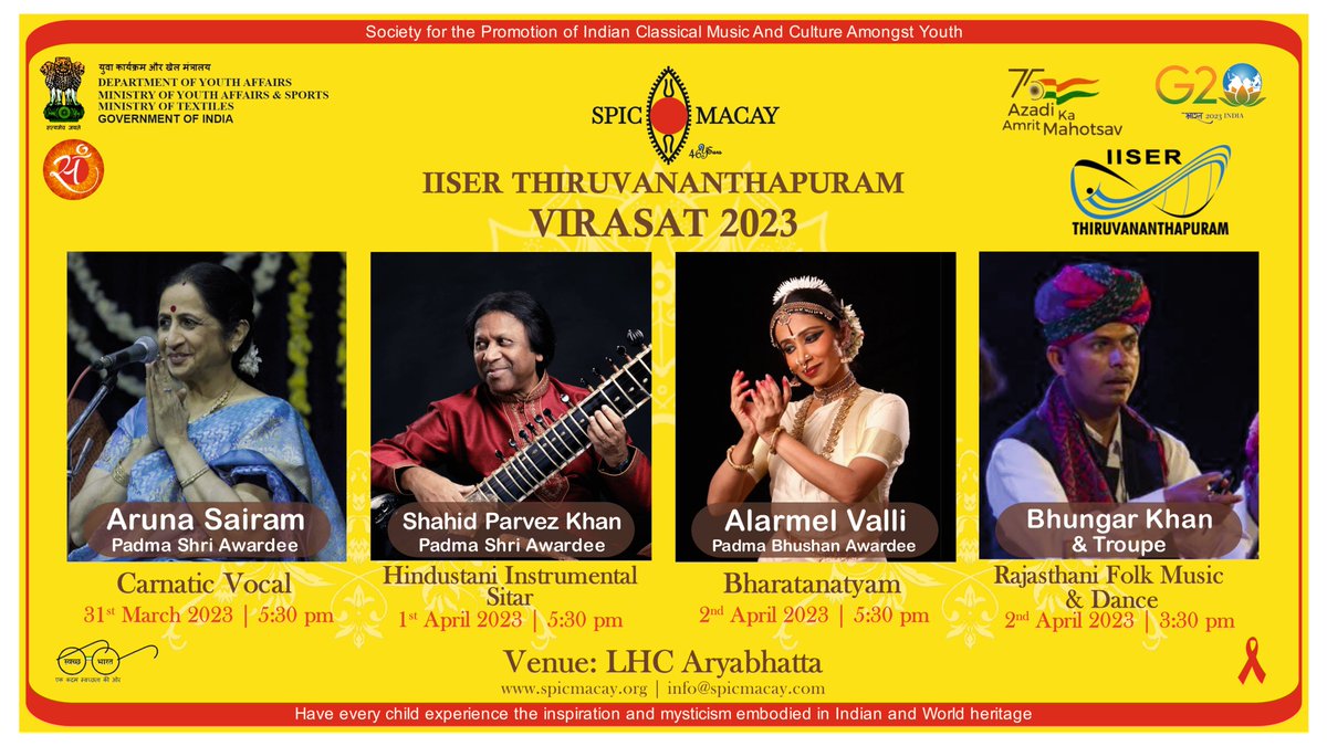 SPICMACAY IISERTVM (@spicmacayiisert) on Twitter photo Spicmacay at <a href="/tvmiiser/">IISER Thiruvananthapuram</a> is hosting its first-ever Virasat! Do attend the programs on 31st March, 1st April, and 2nd April at LHC-Aryabhatta. It is a great opportunity to learn from the eminent experienced artists. Spicmacay at <a href="/tvmiiser/">IISER Thiruvananthapuram</a> is hosting its first-ever Virasat! Do attend the programs on 31st March, 1st April, and 2nd April at LHC-Aryabhatta. It is a great opportunity to learn from the eminent experienced artists.