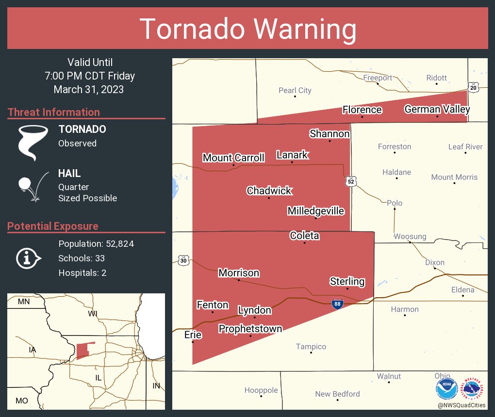 NWStornado's tweet photo. Tornado Warning continues for Sterling IL, Rock Falls IL and  Morrison IL until 7:00 PM CDT https://t.co/qpP2E9ijD6