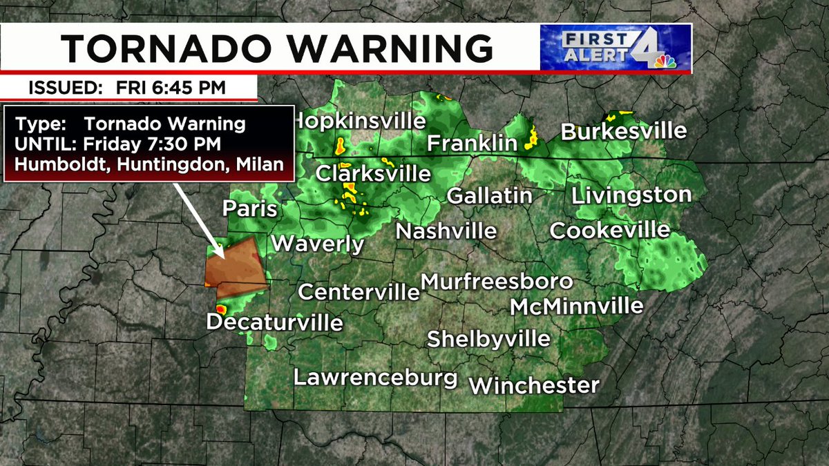TORNADO WARNING:  Take shelter immediately on the lowest floor &amp; away from windows if in the highlighted area.  Tune to WSMV NEWS4 for the latest on this dangerous storm. #FirstAlert