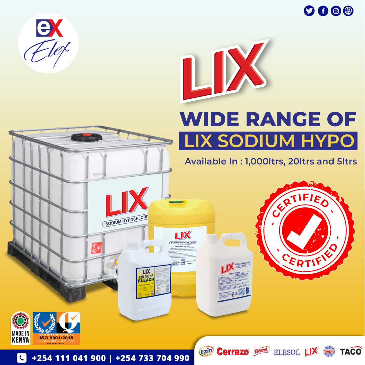 elexproducts's tweet image. Are you a user of sodium hypochlorite solution?
9-11%,4-6%,3.5% or 1.2%
Elex offers the best quality &amp;amp; stable #hypochlorite for use in : water treatment, surface disinfection, bleaching, Food &amp;amp; beverage industries, odor removal.Available in 1,000L,20L &amp;amp; 5L #watertreatmentsolution