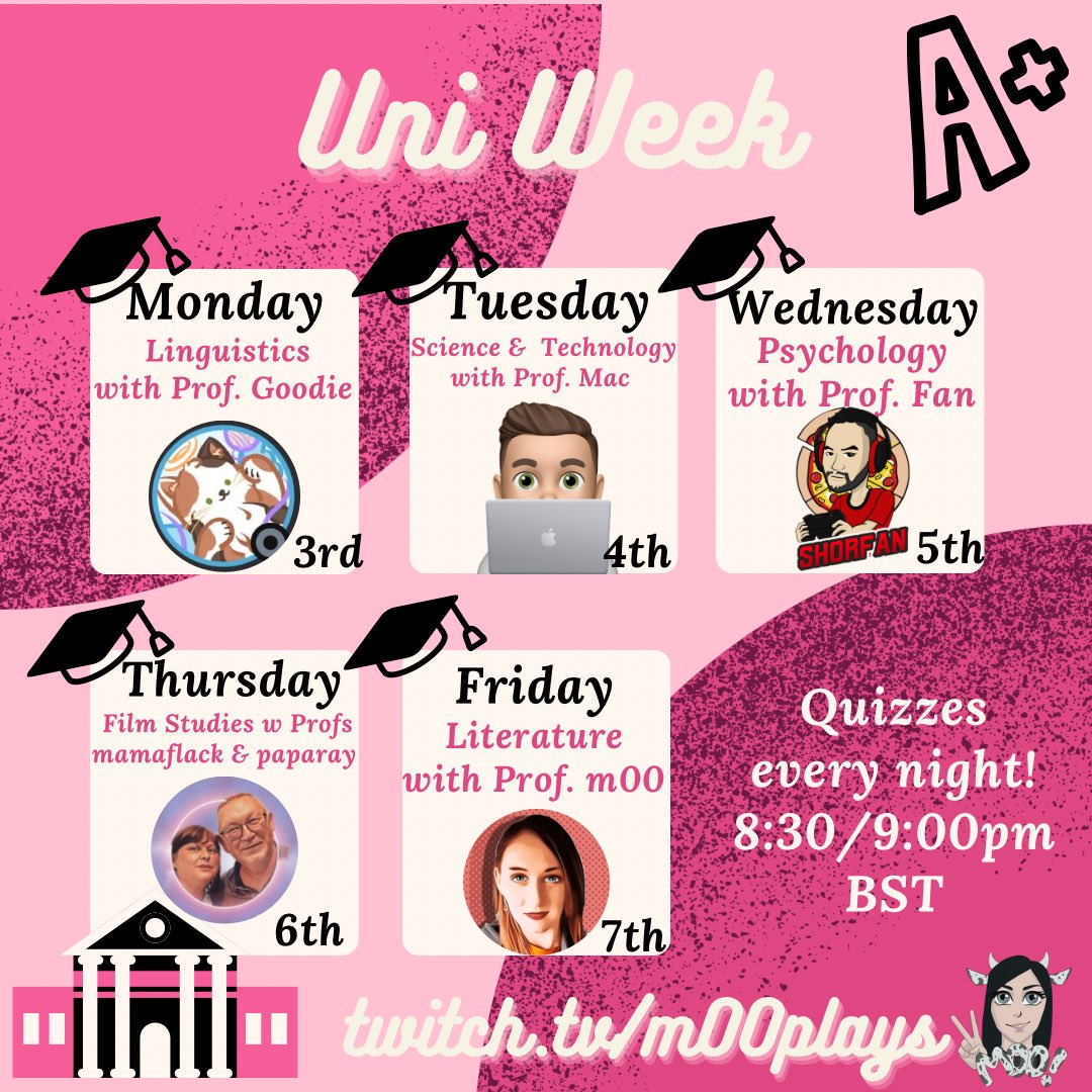 M00Plays's tweet photo. I am sooo excited!

Week commencing 3rd April, join us every night at 8:30/9:00pm BST for UNI WEEK to earn your degrees over at https://t.co/dSCzXyEi8r 🏫🎓📜

See you there! 🥰💖

@shorfan_ @LJamesMcDonald 

#smallstreamer #twitchstreamer #twitch #quizkit https://t.co/oxdEPdrhg8