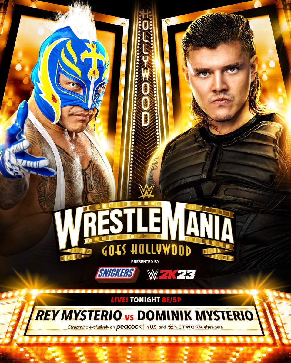WWE's tweet photo. Father and son square off inside a WWE ring as WWE Hall of Famer @reymysterio takes on @DomMysterio35 TONIGHT at #WrestleMania!

8PM ET/5PM PT
Streaming exclusively on @peacock in U.S. and @WWENetwork everywhere else.

🦚: https://t.co/Gq7Wj3u2SI 
🌎: https://t.co/aEwGYUp0uE https://t.co/sXeACmsE0v