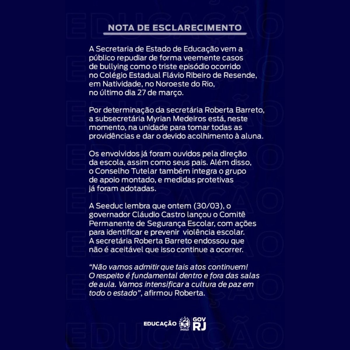 🚨VEJA: Secretaria de Educação do Rio de Janeiro emite nota sobre o caso da jovem Vitória #justicaporvitoria