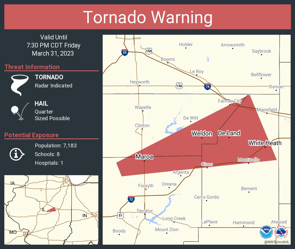 Tornado Warning including Maroa IL, De Land IL and  Weldon IL until 7:30 PM CDT
