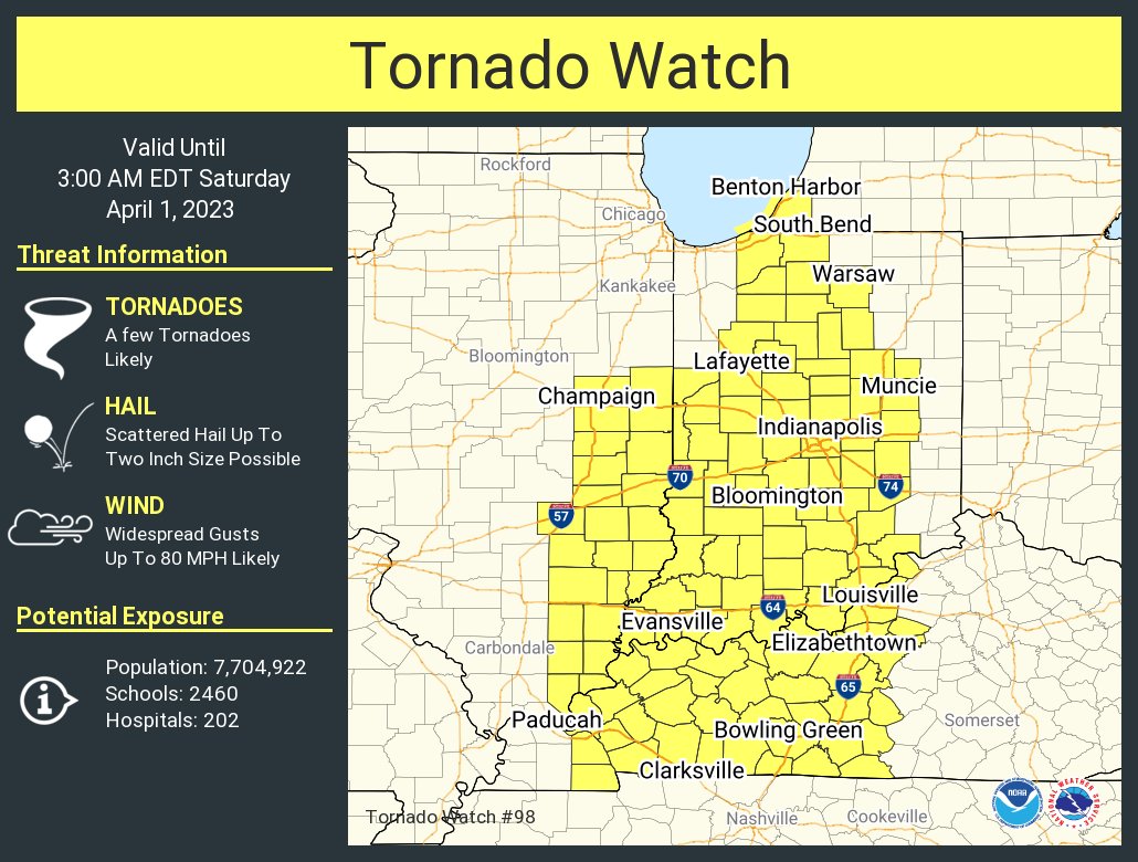 NWSIndianapolis's tweet photo. A tornado watch has been issued for parts of Illinois, Indiana, Kentucky and Michigan until 3 AM EDT https://t.co/4LgJkVNOQH