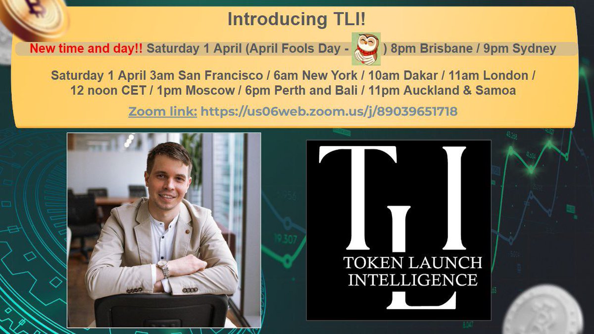 CryptoMania_19's tweet photo. 🌟🌟🌟 Introducing TLI - Token Launch Intelligence!! 🌟🌟🌟

Saturday 1 April 8pm Brisbane / 9pm Sydney

Saturday 1 April 3am San Francisco / 6am New York / 10am Dakar / 11am London / 12 noon CET / 1pm Moscow / 6pm Perth and Bali / 11pm Auckland &amp; Samoa

https://t.co/2XSoLQoorh https://t.co/l3bCDWTPEW