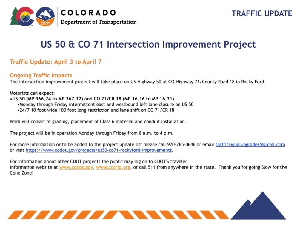 SecoOrg's tweet photo. US 50 &amp; CO 71 Intersection Improvement Project Update: April 3 to April 7, 2023...
https://t.co/QFMSPtzSCW

#seconews https://t.co/yNwwxiBa1O