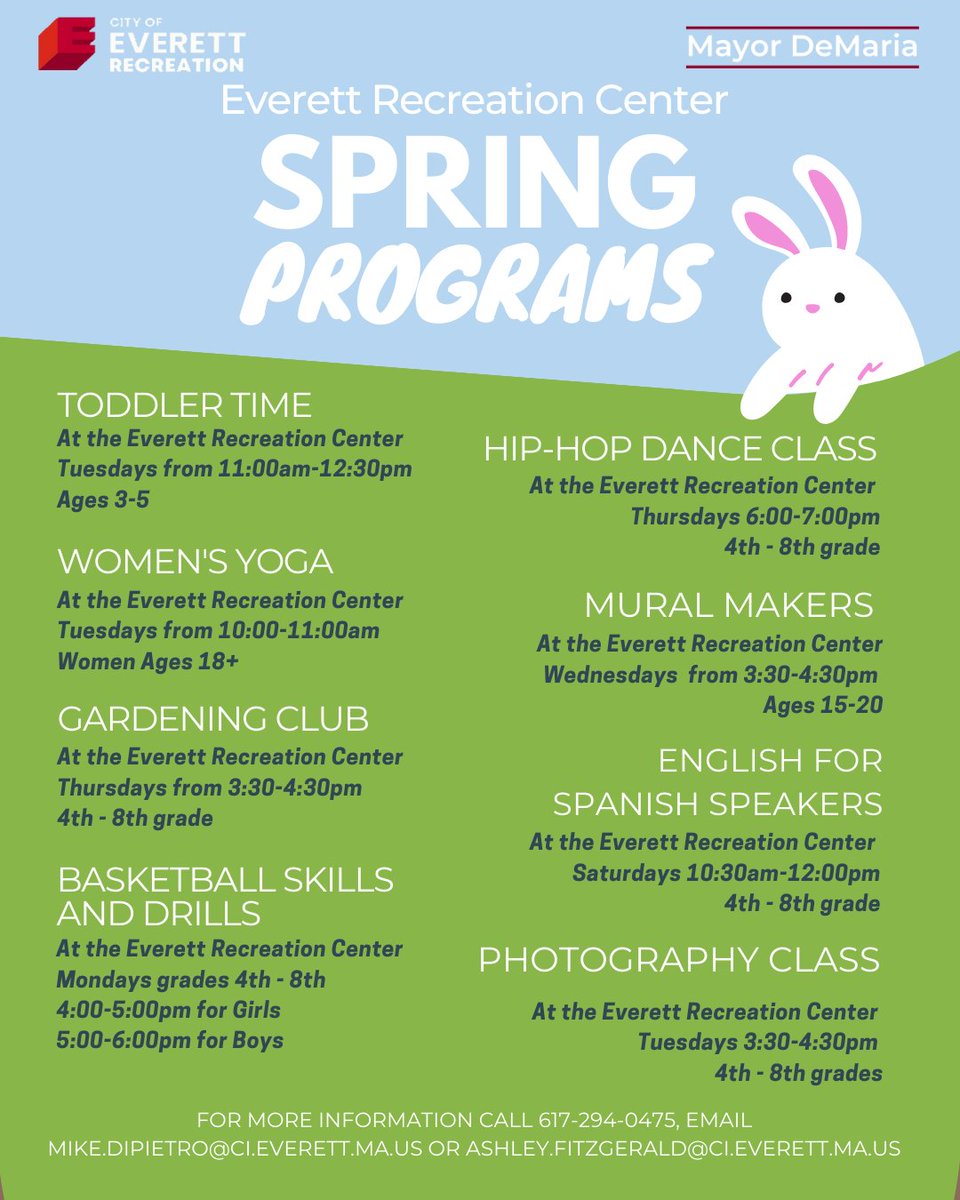Mayor_DeMaria's tweet photo. Check out the Everett Recreation Department's Spring Programming! For questions or more information, please call 617-394-2270. https://t.co/uO0RORC0Y4