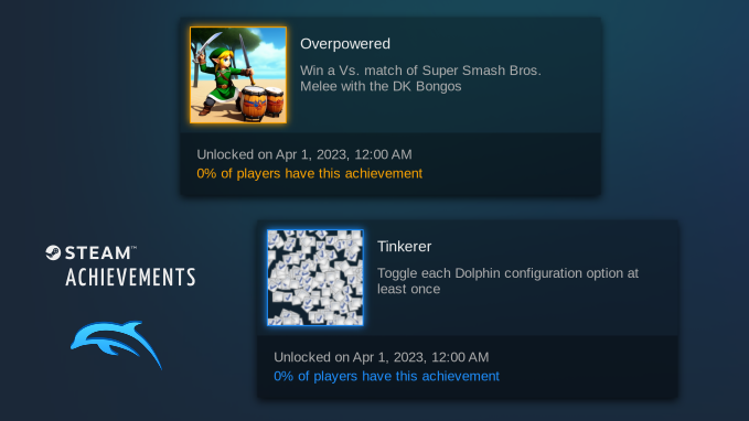 We've read many of your comments regarding the Steam release of Dolphin. And there's one feature many of you have been asking about...

Prepare yourself for Steam Achievements for Dolphin! Hand-crafted to show off your best emulator skills.

dolphin-emu.org/blog/2023/04/0…