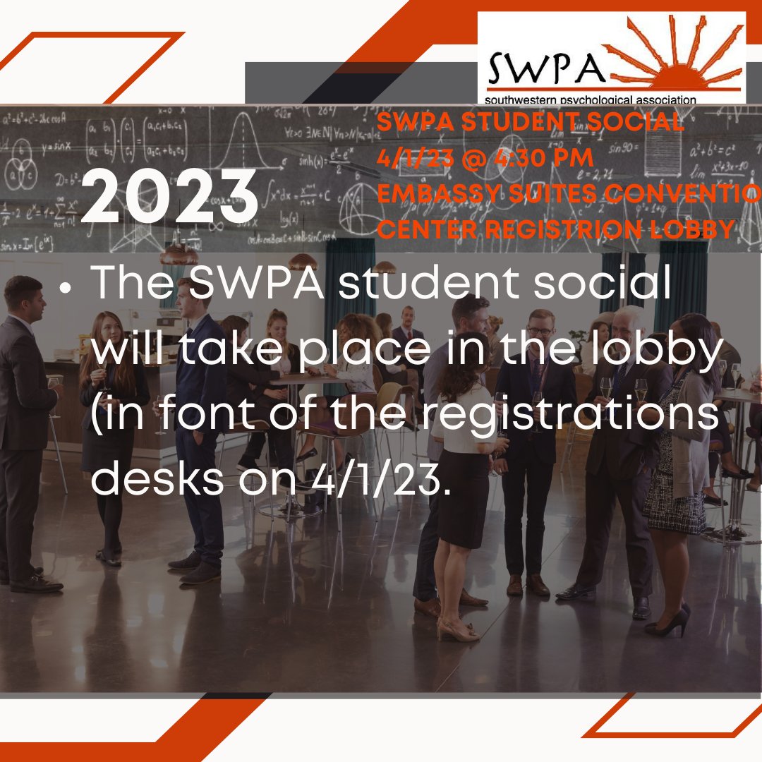Hello Student SWPA attendees. Just a reminder that the student social takes place tomorrow evening at 4:30 pm.