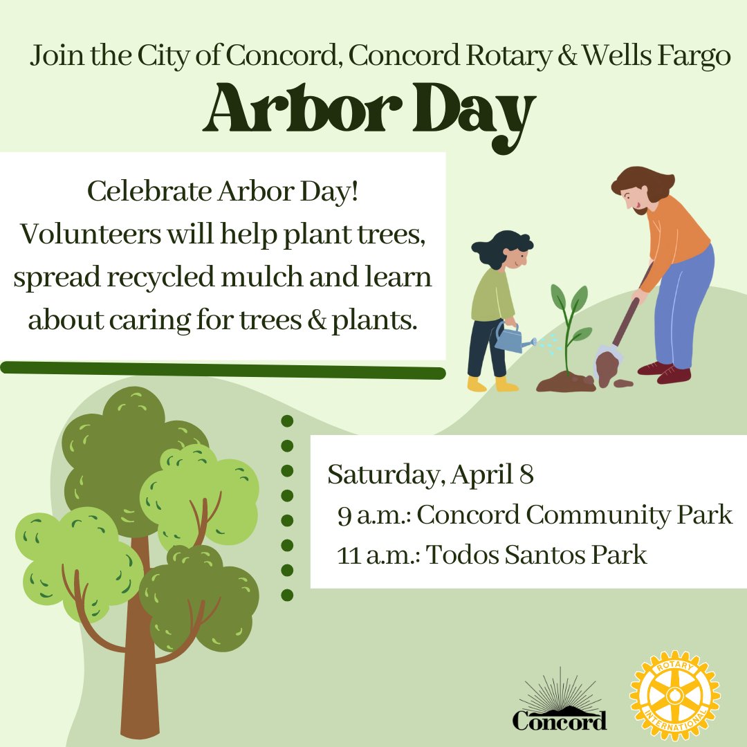 Next weekend: Join us for our annual #ArborDay tree planting! We have added an additional location, thanks to our partners at Wells Fargo!
Join us on Saturday, April 8 at either or both of the following:
🌳 9 a.m. at Concord Community Park
🌲 11 a.m. at Todos Santos Park