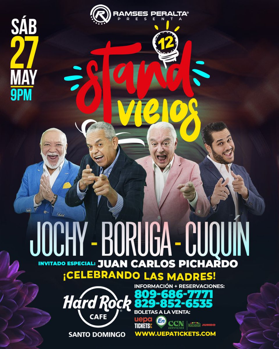 Santo Domingo! Nueva vez llega #StandViejos 

<a href="/jochysantos/">Jochy Santos</a>
<a href="/cuquinvictoria/">Cuquin Victoria</a>
@borugard 

Invitado: <a href="/jcpichardo01/">Juan Carlos pichardo</a>

Sábado 27 Mayo 9pm en Hard Rock Cafe Santo Domingo <a href="/hrcsd/">Hard Rock Cafe Santo Domingo</a> !!!

Boletas en uepatickets.com, Supermercados Nacional, Jumbo y Hard Rock Cafe.

Inf: 829 852 6535