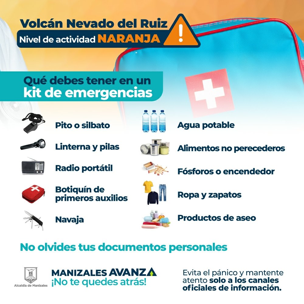 carlosmmarinc's tweet photo. #CiudadPreparada 
Compartimos información de interés frente al cambio de actividad volcánica en el Nevado del Ruiz. Conozcan:

✅ Qué significa el nivel de actividad de un volcán.
✅ Medidas de protección.
✅ Elementos del kit de emergencia. https://t.co/jkVUOK8PlG
