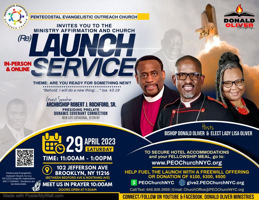 We are getting ready for the ReLaunch Service! Saturday, April 29, 2023 at 11am (ET) Come Join Us! peochurchnyc.org
