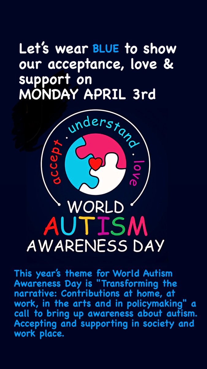 GrossiNatalie's tweet photo. World Autism Awareness Day 2023 theme is "Transforming the narrative: Contributions at home, at work, in the arts and in policymaking" a call to bring up awareness. #wearblue @JFDPCDSB #transformingthenarrative #april3rd https://t.co/tFifuXSGtE
