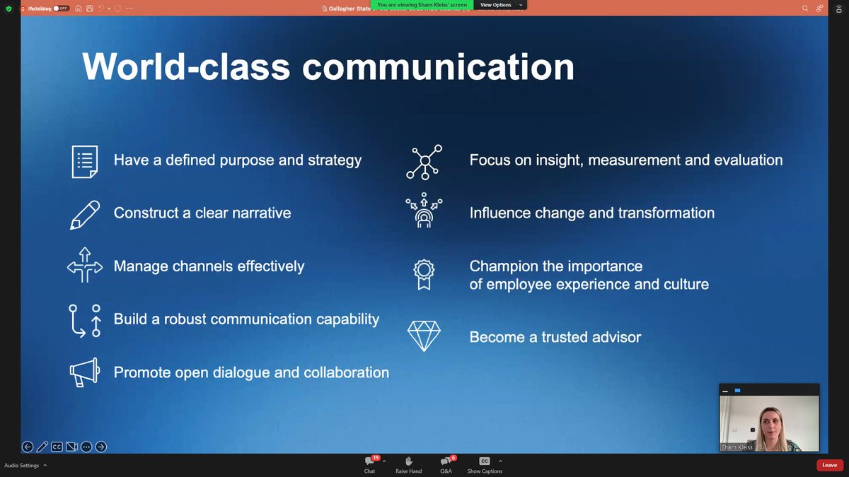 "Have a defined purpose &amp; strategy &amp; construct a clear narrative" - 2 ways to have world-class communication," Sharn Kleiss <a href="/Gallagher_Ex/">Gallagher – Employee Experience</a> State of the Sector Report lnkd.in/gXXhUdNf via <a href="/IABC/">IABC</a> webinar #stateofthesector #employeeengagement #communications