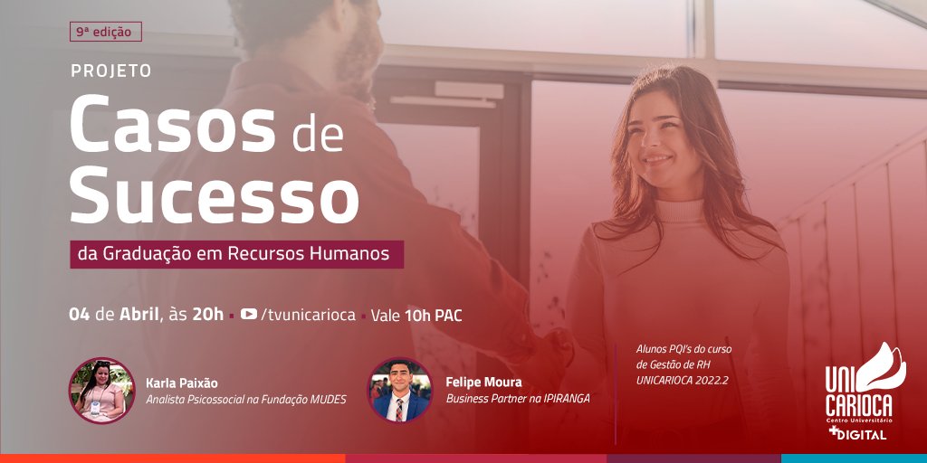 Chegou a 9ª Edição do Projeto Casos de Sucesso! 🤩

No dia 04 de abril às 20h, você tem um compromisso marcado com a gente!

Descubra os diferenciais em estudar Gestão de RH e o quanto essa formação colabora para sua entrada no mercado de trabalho.

Participe! @tvunicarioca