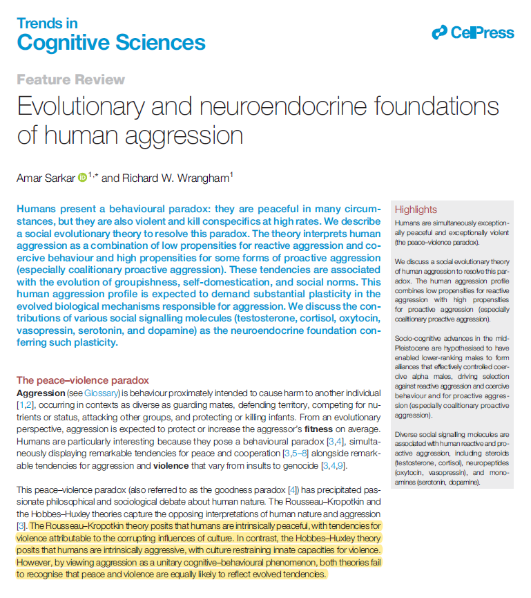 SteveStuWill's tweet photo. "Humans are simultaneously exceptionally peaceful and exceptionally violent (the peace–violence paradox)... We discuss a social evolutionary theory of human aggression to resolve this paradox." https://t.co/4nvRe41POb https://t.co/iJvf0YHexe