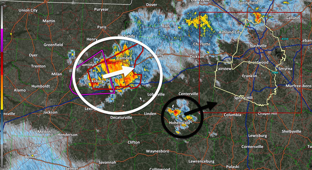 NashSevereWx's tweet photo. Tornado warned storm remains dangerous but shows signs of weakening. It's still pretty far away from us. Hasn't even crossed TN River. Meanwhile, black circled complex looks meh right now. Watching both / 730 PM https://t.co/fFTappkP9y