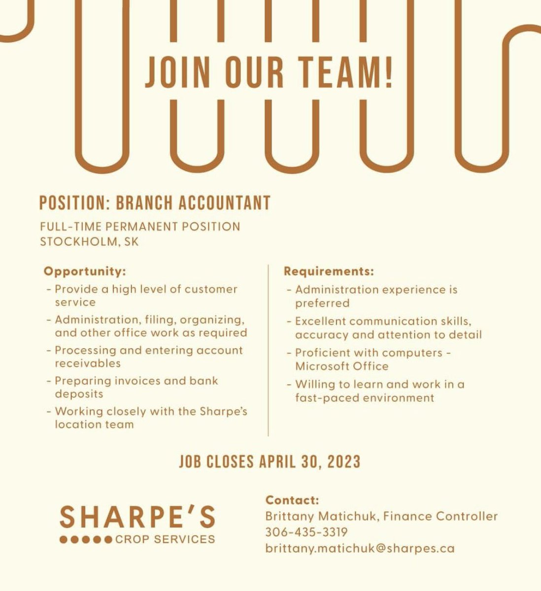 Sharpe’s is looking for a full time Branch Accountant.  See below.