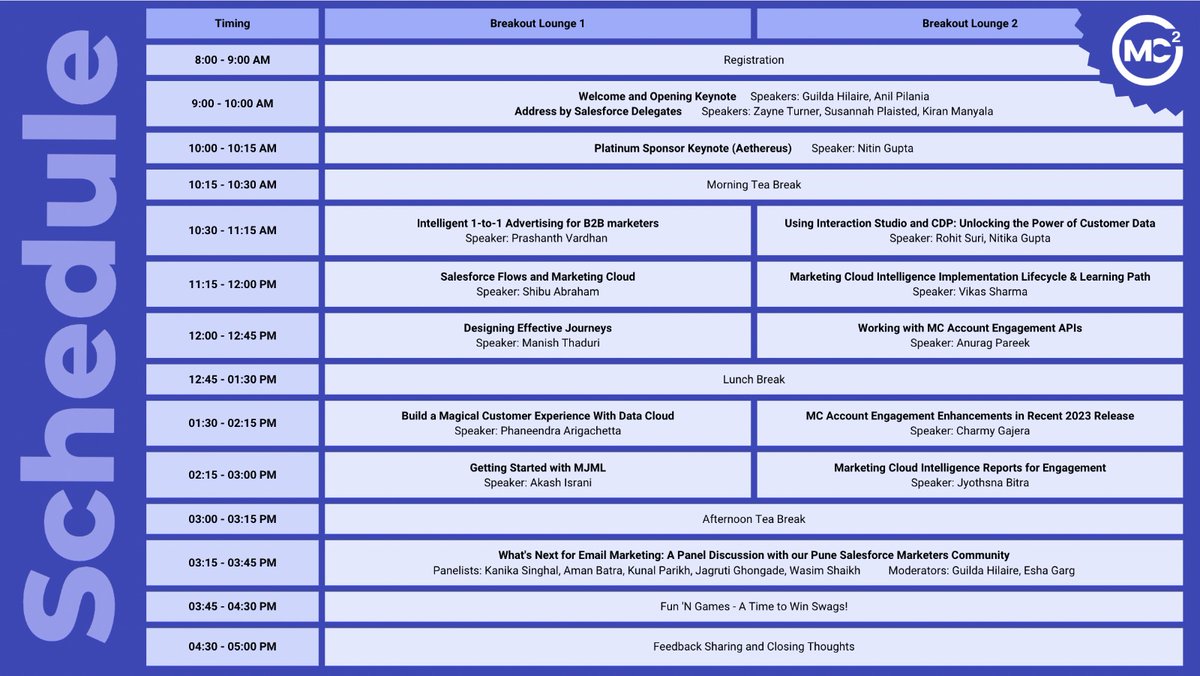 mc2_event's tweet photo. We are all set for a power packed day with our amazing speakers. Check out the Agenda and plan your sessions.
One more day and we can't wait to see you.
💥 Get ready for the POWER 💥 
#marketingchampions #momentmarketers @marketingcloud @justguilda  @shibua @JyothsnaBitra https://t.co/fqQwwKBP6z