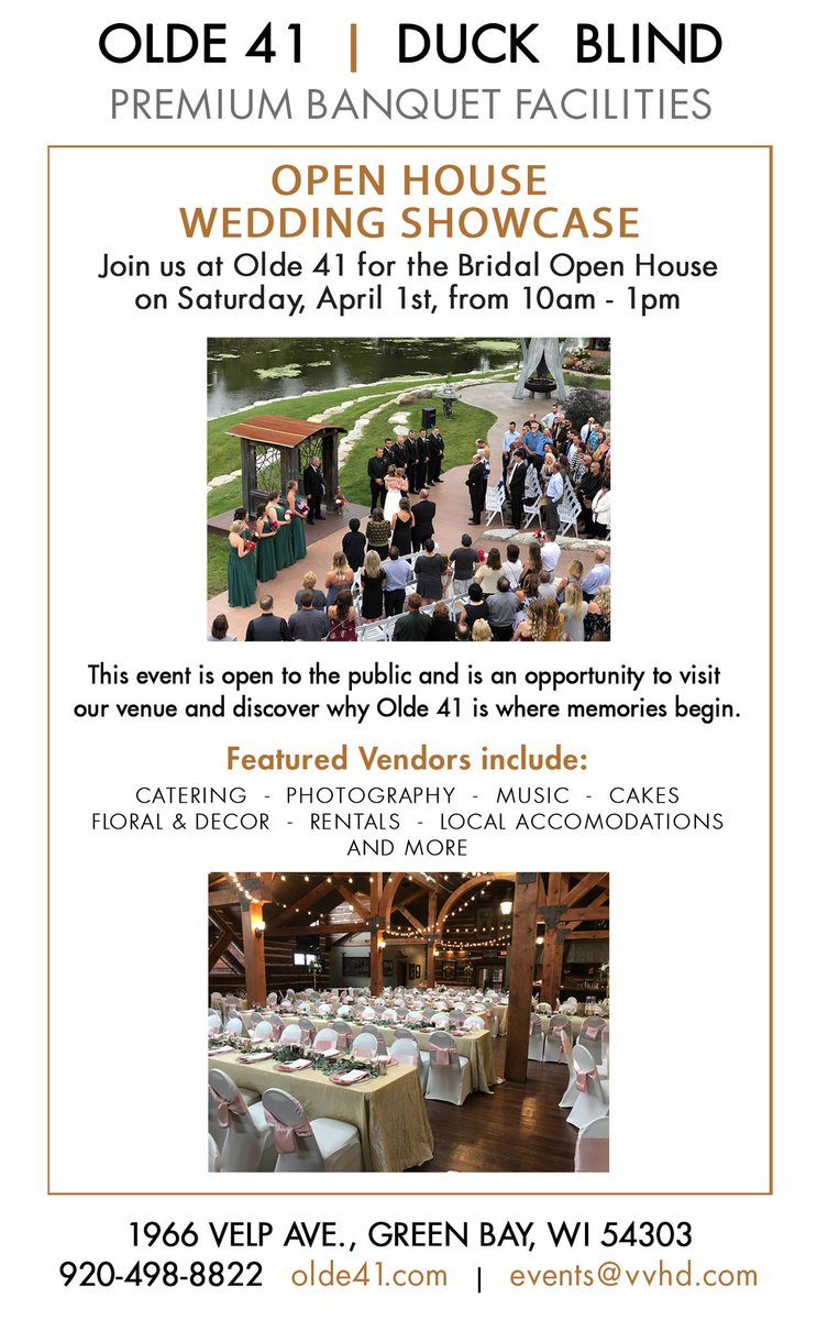 Check out some of our favorite vendors all in one place at Old 41 on Saturday, April 1st, from 10 am to 1 pm. Don't miss this opportunity!

#Wedding #WeddingDay #Bride #Groom #WeddingVideography #WeddingInspiration #WeddingIdeas #WeddingStyle #WeddingPlanning  #weddingshow