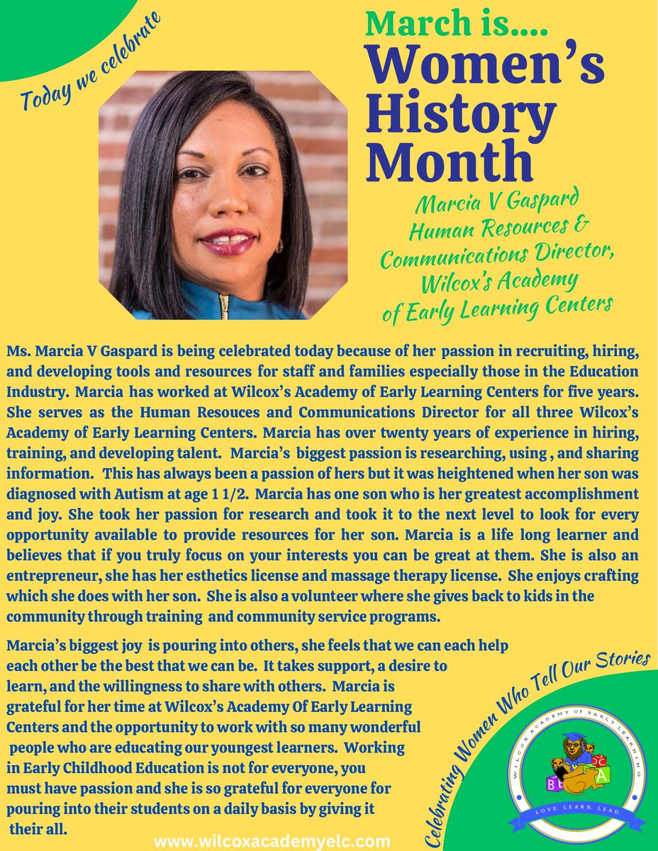 Today is Women’s History Month we celebrate today Ms. Marcia V Gaspard for her passion in recruiting, hiring, &amp; developing tools and resources for staff and families especially those in the Education industry.  Marcia has worked at WAEL for five years as the Human Resources