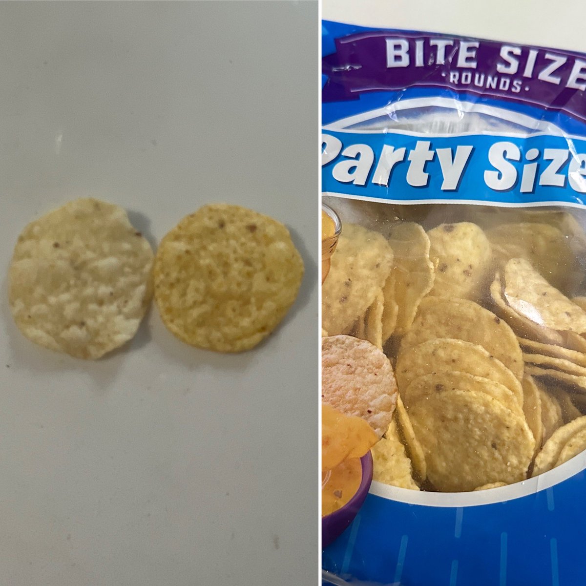 mkh23's tweet photo. Hey @Tostitos why are my 2 new bags of my bite sized rounds yellow corn instead of white?? Chip on the left, normal chip. Chip on the right, what I got two bags of instead. Send help! https://t.co/miQy8a10ph