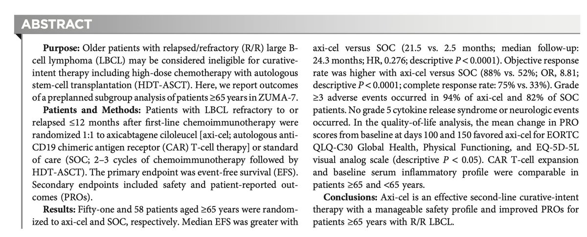 Patients ≥65 benefit from CART over planned chemo+transplant. In our ZUMA7 analysis median EFS was greater with CAR-T versus SOC (21.5 vs. 2.5 months HR, 0.276***) Median PFS was 21.5 v and 5.0m(HR, 0.384***) #lymsm bit.ly/3zltZcQ