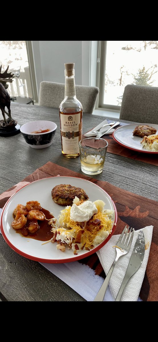 FixnBones's tweet photo. #FridayFunDay 

After a little skiing ⛷️, back to the basics….great food! 

@joesstonecrab cakes/ Shrimp in a sweet/spicy sauce/ baked potato and #BasilHayden to cap off another “Power weekend” away in Utah. 
#BonesBourbonBrisket 
#TimberLakes
#orthotwitter https://t.co/eoeTMt9W29