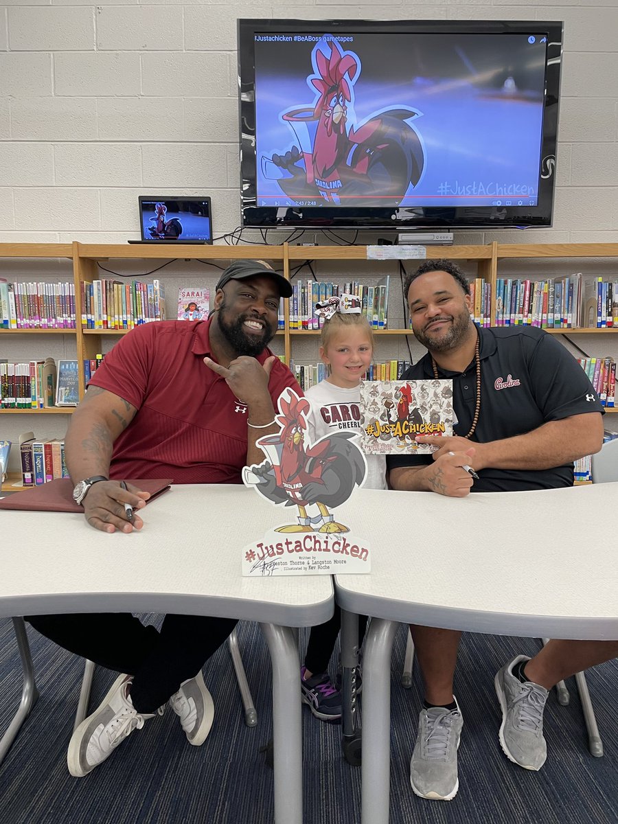 cbutton28's tweet photo. Preston Thorne and Langston Moore are doing big things getting kids excited about reading. Syd had the best time meeting them this week ❤️ #justachicken https://t.co/YiMU78NsHh