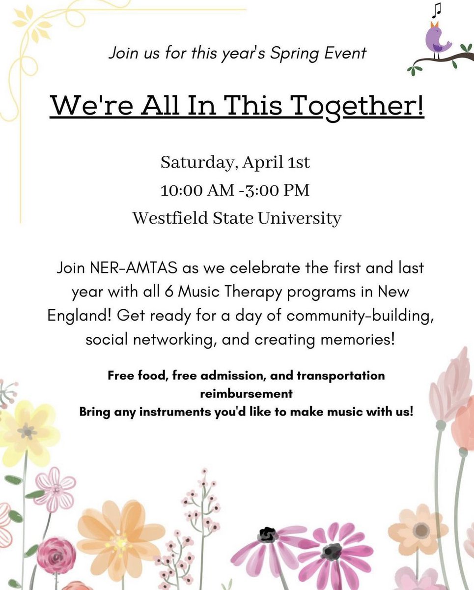 NERAMTAS's tweet image. Join us for our NER-AMTAS Spring Event, “We’re All In This Together!” tomorrow from 10:00am-3:00pm at Westfield State University! 🌻

This event is open to ALL!

Registration last minute here: docs.google.com/forms/d/e/1FAI…