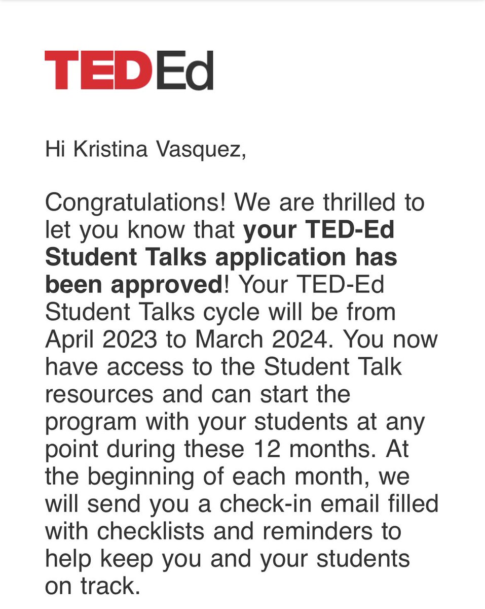 KristinaVsqz's tweet photo. ✨Our OUSD students have been approved for the amazing TEDEd program where they will turn their Genius Hour projects into official Ted Talks!! Our students have ideas worth spreading and it’s time to share them with the 🌎! @OsideUSD @tom_voris #desintationoside #TEDEdStudents https://t.co/CI8nhRgdFG