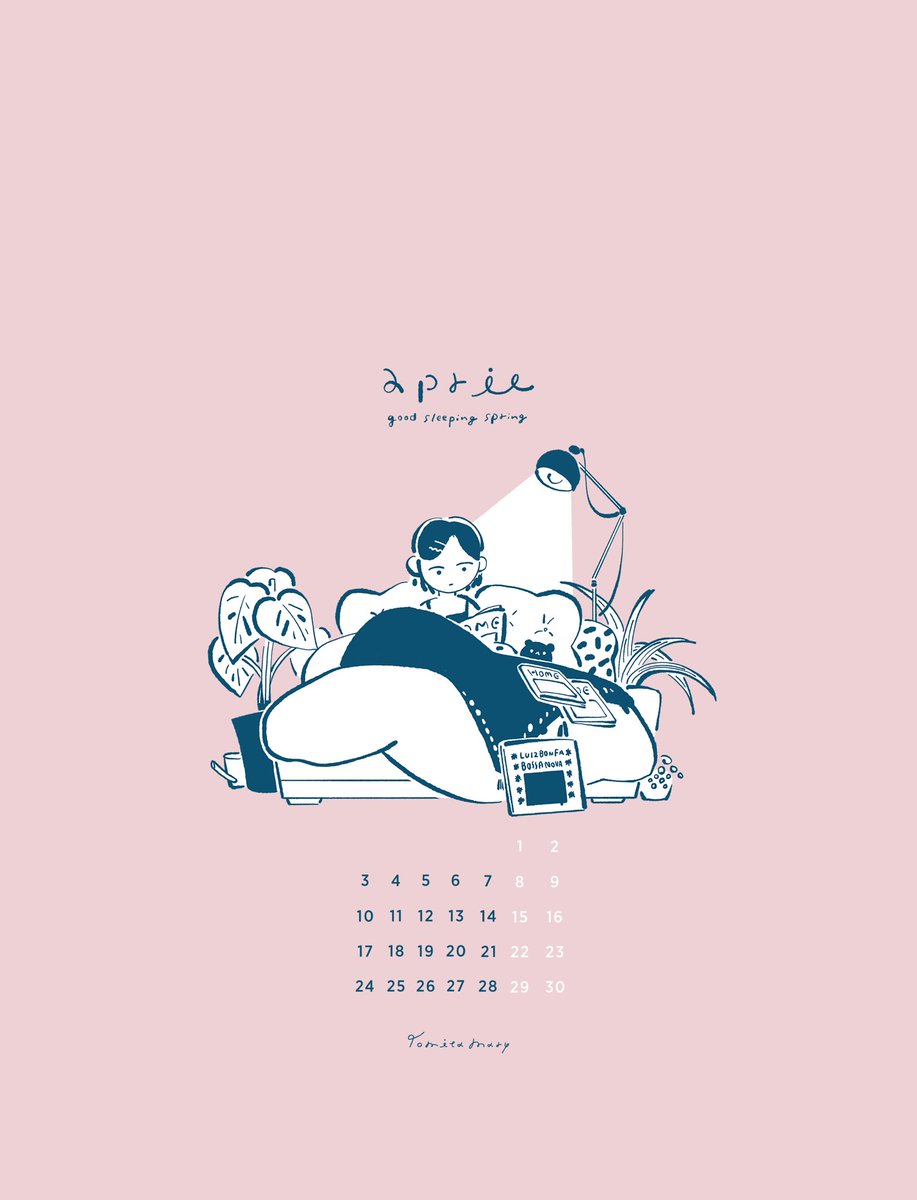 「4月の待ち受けです。個展で展示予定のイラストの待ち受けカレンダーと、個展DMイラ」|冨田マリー🦙個展at高円寺CLOUDS【4/11~4/23】のイラスト