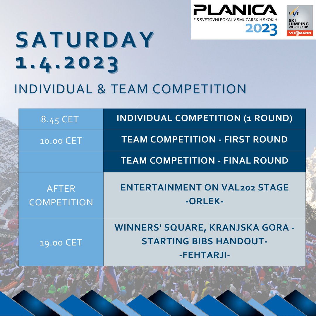 [PROGRAMME] Today is going to be a busy day! 🤩 From two ski jumping competition to Orlek concert afterwards and Fehtarji in the evening in Kranjska Gora. See you there! 
#poweredbyNLB #planica #planica2023 #ifeelslovenia