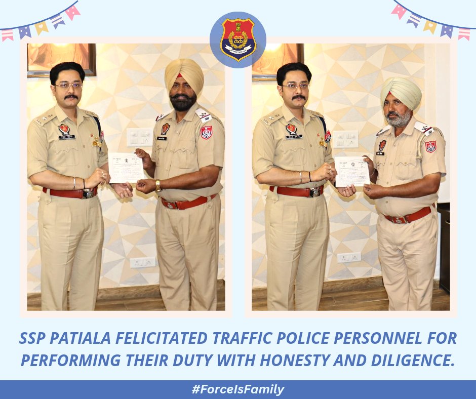 PatialaPolice's tweet image. ਐਸ.ਐਸ.ਪੀ ਪਟਿਆਲਾ ਨੇ ਟ੍ਰੈਫਿਕ ਪੁਲਿਸ ਮੁਲਾਜਮਾਂ ਨੂੰ ਇਮਾਨਦਾਰੀ ਅਤੇ ਤਨਦੇਹੀ ਨਾਲ ਆਪਣੀ ਡਿਊਟੀ ਨਿਭਾਉਣ ਲਈ ਸਨਮਾਨਿਤ ਕੀਤਾ।

SSP Patiala felicitated the Traffic Police personnel for performing their duty with honesty and diligence.

#Appreciations #ForceIsFamily