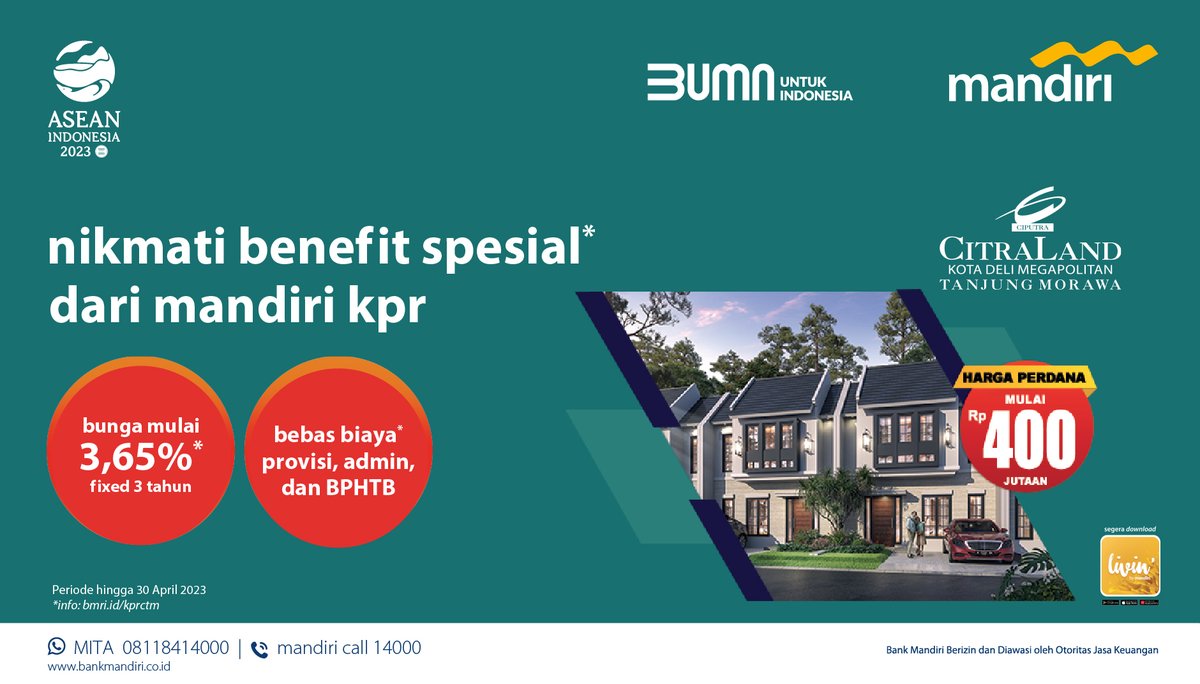 bankmandiri's tweet photo. Dapatkan penawaran spesial dari #MandiriKPR untuk transaksi di CitraLand Tanjung Morawa, Kota Deli Megapolitan.

Mulai dari bebas biaya admin, biaya provisi dan BPHTB, hingga bunga 3,65% fixed 3 tahun.

Berlaku hingga 30 April 2023. Info: https://t.co/otTeWuHjRl 

#mandiripromo https://t.co/NfD9EIy0RD