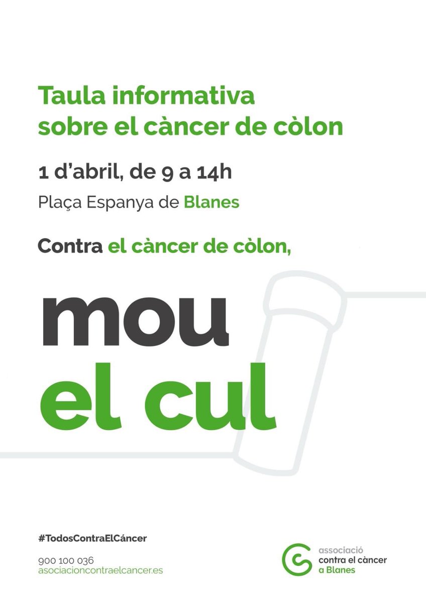 Blanes_cat's tweet image. Amb motiu del Dia Mundial Contra el Càncer de Còlon del 31 de març, avui dissabte l'Associació Contra el Càncer de Blanes instal·larà una Taula Informativa de 9 a 14 h a la Plaça d'Espanya

#MouElCul
#Lluita
#Resistència
#Salut
#BlanesArranDeMar