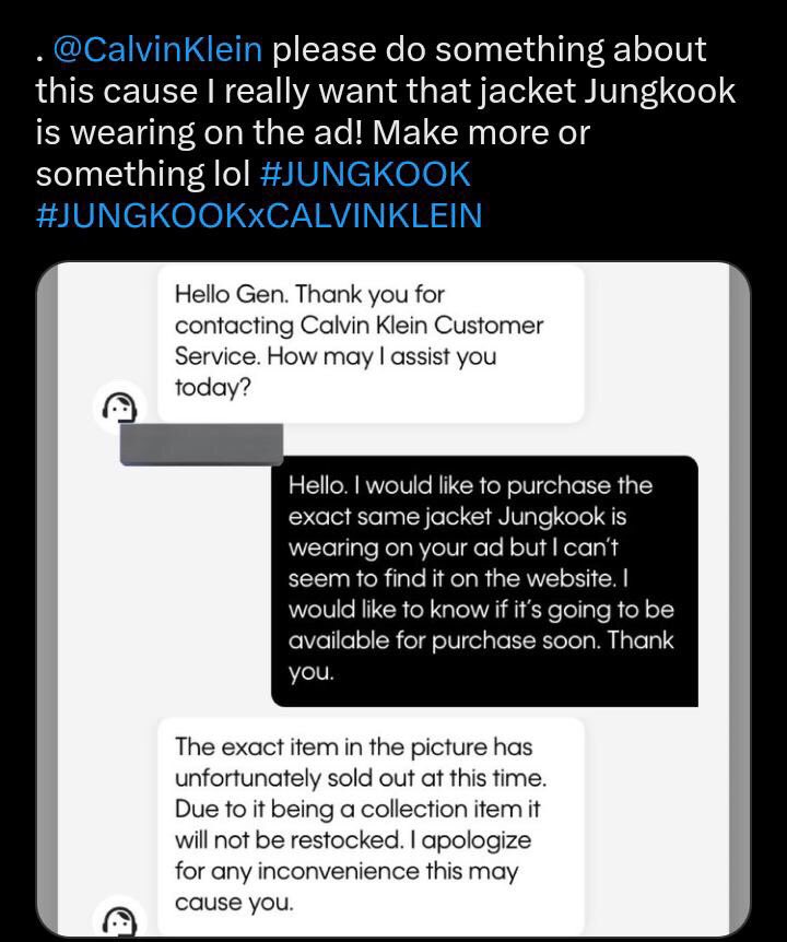 Daily_JK97ʲᵏ on Twitter: "Calvin Klein Staff responded to a fan inquiry  about the particular jacket that Jungkook was wearing in the CK Ad but it  is already SOLD OUT! CK Staff: “the