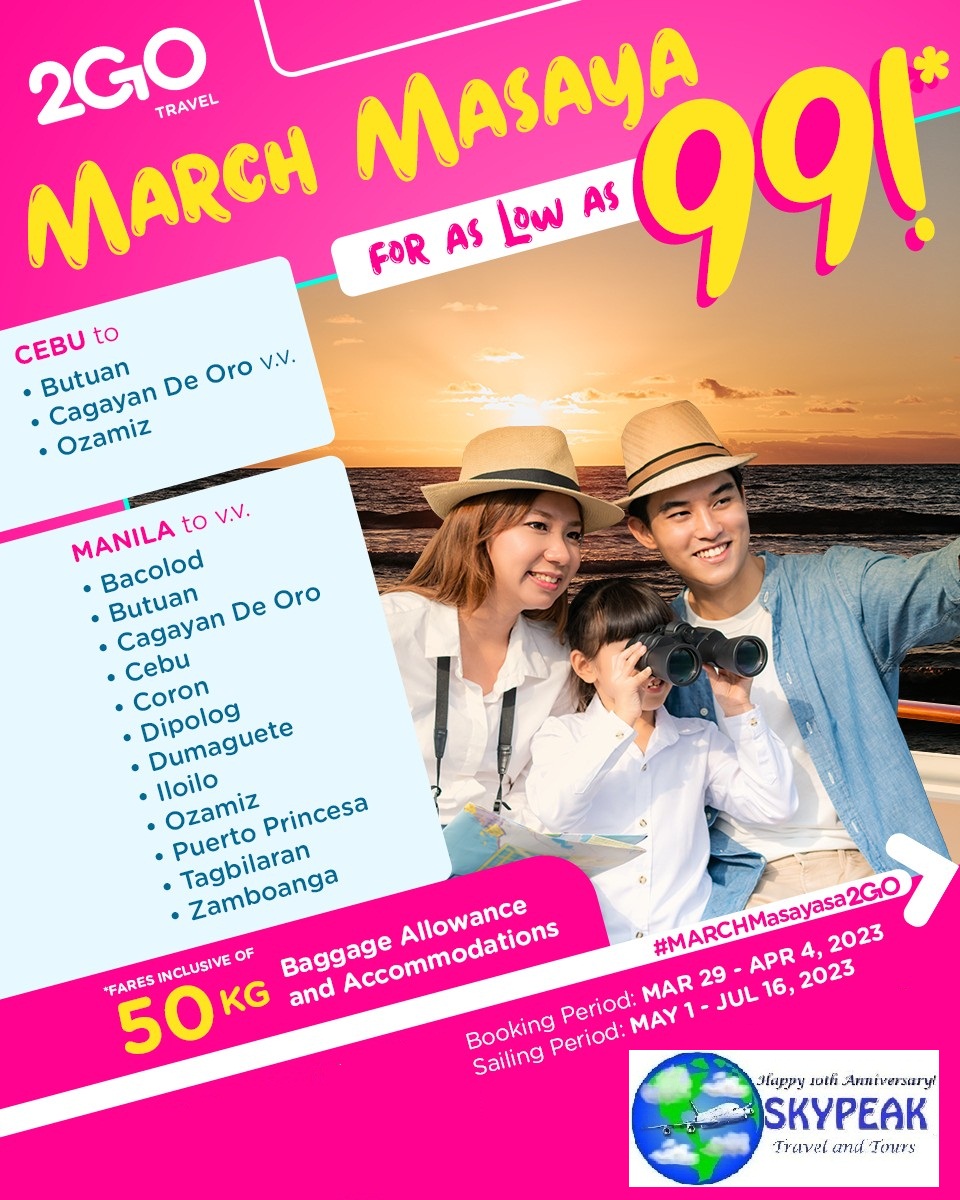 sky_peak's tweet photo. 2GO Travel Seat Sale promo fares @ #Skypeak Travel & Tours visit our fb 4 details @2go_travel
https://t.co/JONIgLicX2 #SamaSamaTayoSa2GO #go2GO #2GOSafeTravels #2GOLokal #2GOBiyaHolidays #SamaSayaSa2GO #2GOSweetSulitEscapes https://t.co/4fVvvT1EFy