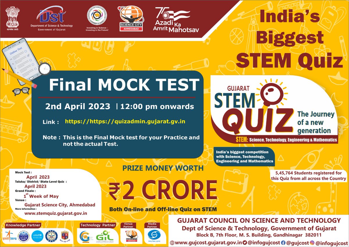 InfoGujcost's tweet photo. @InfoGujcost द्वारा आयोजित भारत की सबसे बड़ी GujaratSTEMQuiz 2.0 का #FinalMockTest (अभ्यास परीक्षण) दिनांक 02/04/2023 को दोपहर 12:00 बजे निर्धारित किया गया है।
सभी पंजीकृत छात्र स्टेम क्विज के अभ्यास के लिए तैयार रहें !
Link for joining: https://t.co/ZbFB2WMSmS
@dstGujarat https://t.co/paVEIC73PZ
