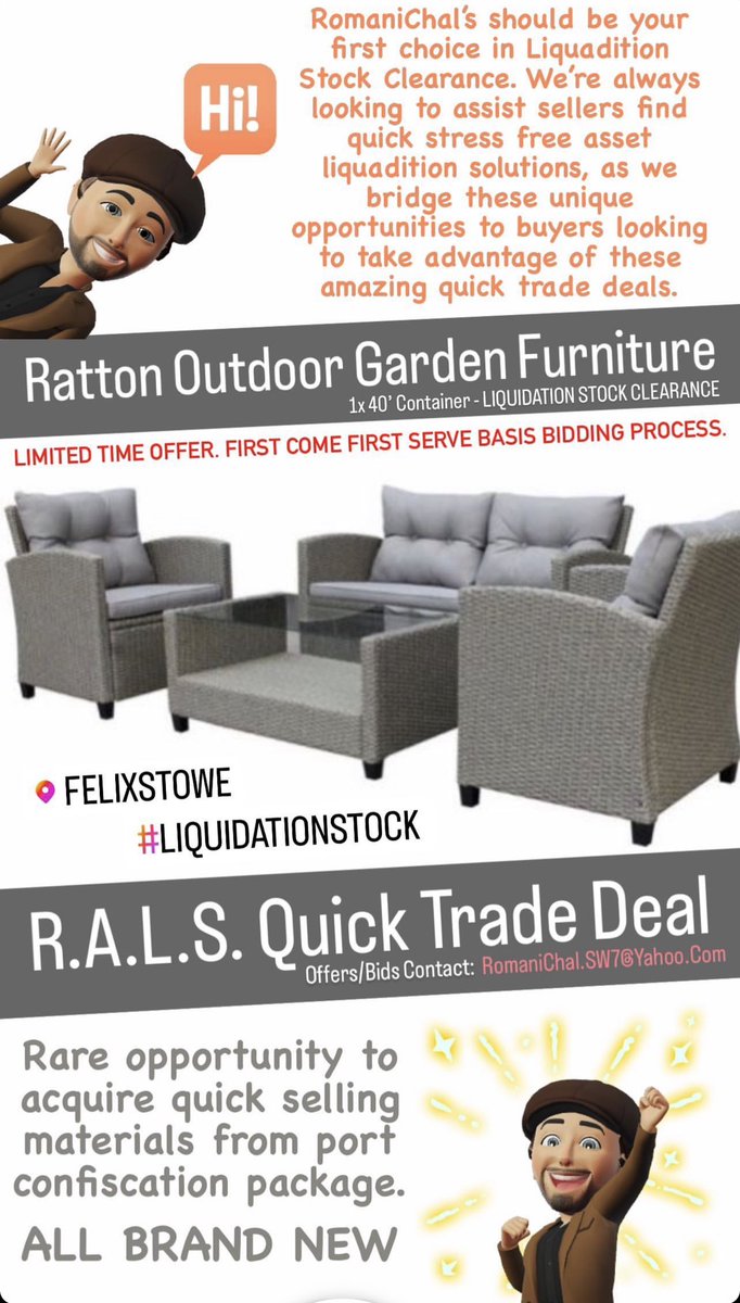 RomaniChals's tweet photo. QUICK TRADE DEAL - we’ve been lucky enough to get our hands on a full container of grade A raton garden furniture which is available on best offer basis.
Hurry though, this will be gone in minutes. Email: RomaniChal.SW7@Yahoo.Com to register your bid now, First come first serve x https://t.co/S95u01WQfB
