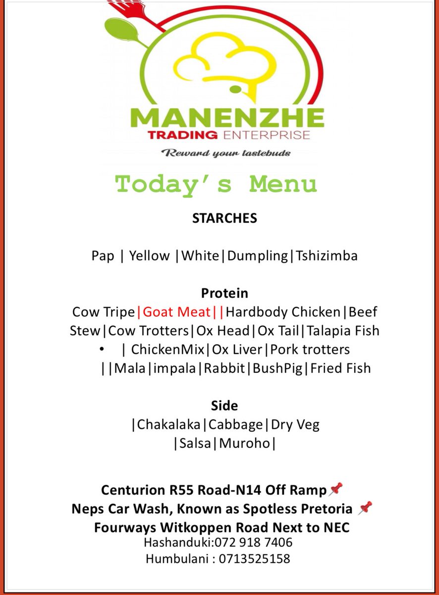 manenzhe_samuel's tweet photo. #R35Million... Good morning family

Today's menu at Manenzhe Trading Enterprise

Famous caravana 10h00 until 18h00 Centurion
Kempton park 12h00 until 18h00
Fourways 12h00 until 18h00 https://t.co/wNvuJWywsx