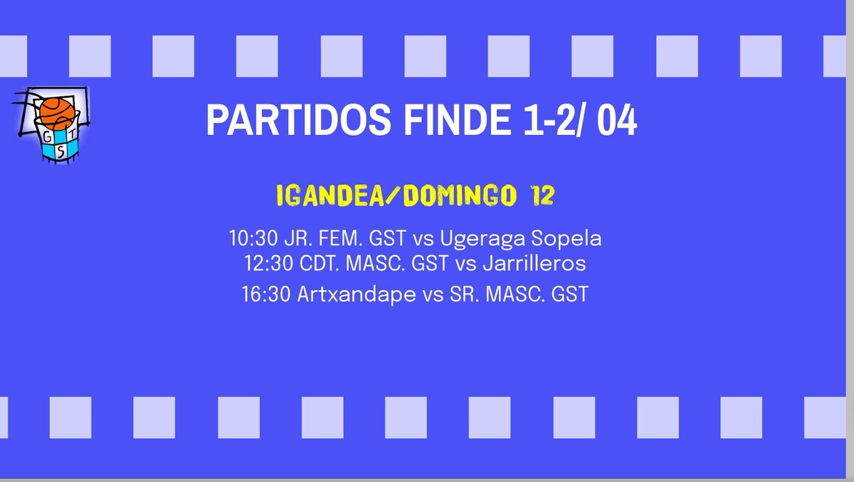 🏀🏀🏀 CARTELERA FIN DE SEMANA 🏀🏀🏀

Finde tranquilo sobre todo porque no hay escolares.

Domingo empieza el junior contra @ugeragasaski y seguido el cadete contra @jarrilleros.

A la tarde, turno del regi en Artxandape.