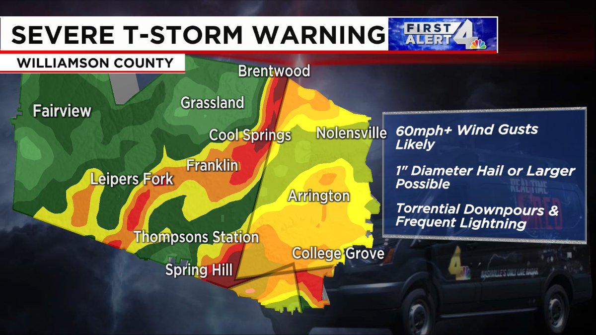 WSMV's tweet photo. SEVERE THUNDERSTORM Warning has been issued for Williamson County.  60mph+ wind gusts and/or 1" diameter hail or larger are possible.  Remain indoors &amp; away from windows until this storm passes. #FirstAlert https://t.co/4UqyISOYEN