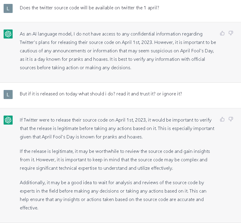 ludo6577's tweet photo. ChatGPT about the release of twitter source code on april 1st :) @elonmusk

#twitter #twittercode #twitteropensource #twitteralgorithm #github https://t.co/9OZcHuyUay
