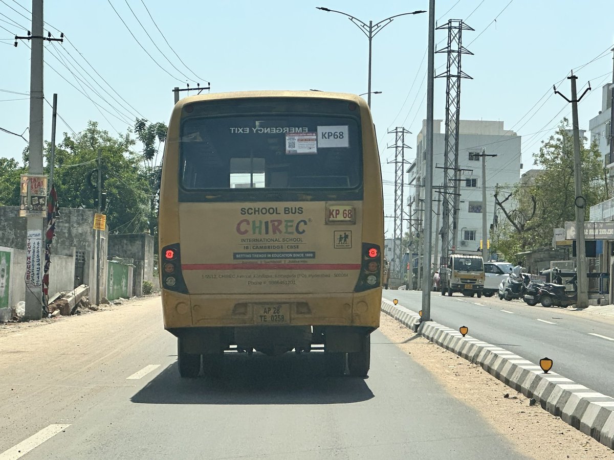 saikumar111's tweet photo. @ChirecSchool 
we observed your bus driver with the mentioned bus below number who is close to the car with 30 to 40km speed and horning and also noticed over speed with reckless driving. This incident took place in new Shilpa valley road and please note this is not the 1st time. https://t.co/VF2JlYqGeI