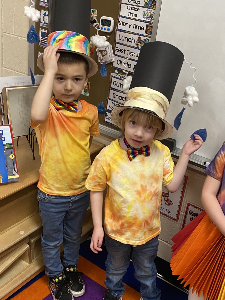 MrsSmuda's tweet photo. Walking the runway in our rainbow shirts, paper tutu’s, tiara’s and top hats to celebrate the Clothing Study. #RainbowFriends #BarnegatInspires @LMDS_preschool https://t.co/hMtywGTXww